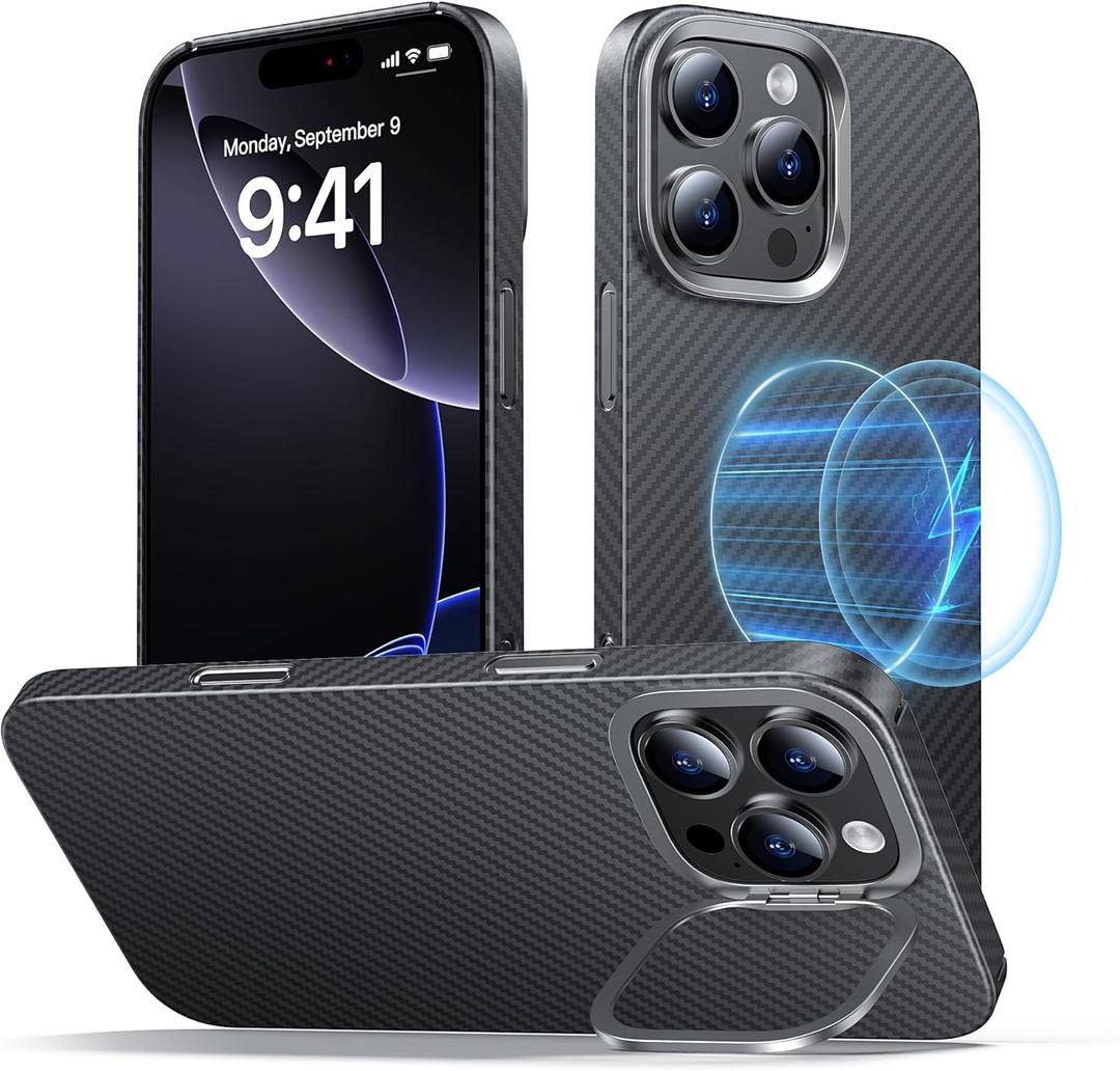 Magnetic for iPhone 16 Pro Max Case Carbon Fiber with Camera Stand [Compatible with MagSafe] [Ultra Slim & Caseless Feel] [600D Aramid Fiber Woven] Thin & Light 16 ProMax Phone Case, Black
