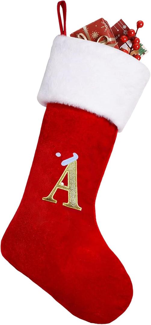 iDIY 20 Inches Monogrammed Christmas Stockings - Super Soft Plush Cuff Christmas Stockings with Initials, Large Embroidered Monogram Stockings with Letter for Xmas Holiday Fireplace Decoration-A