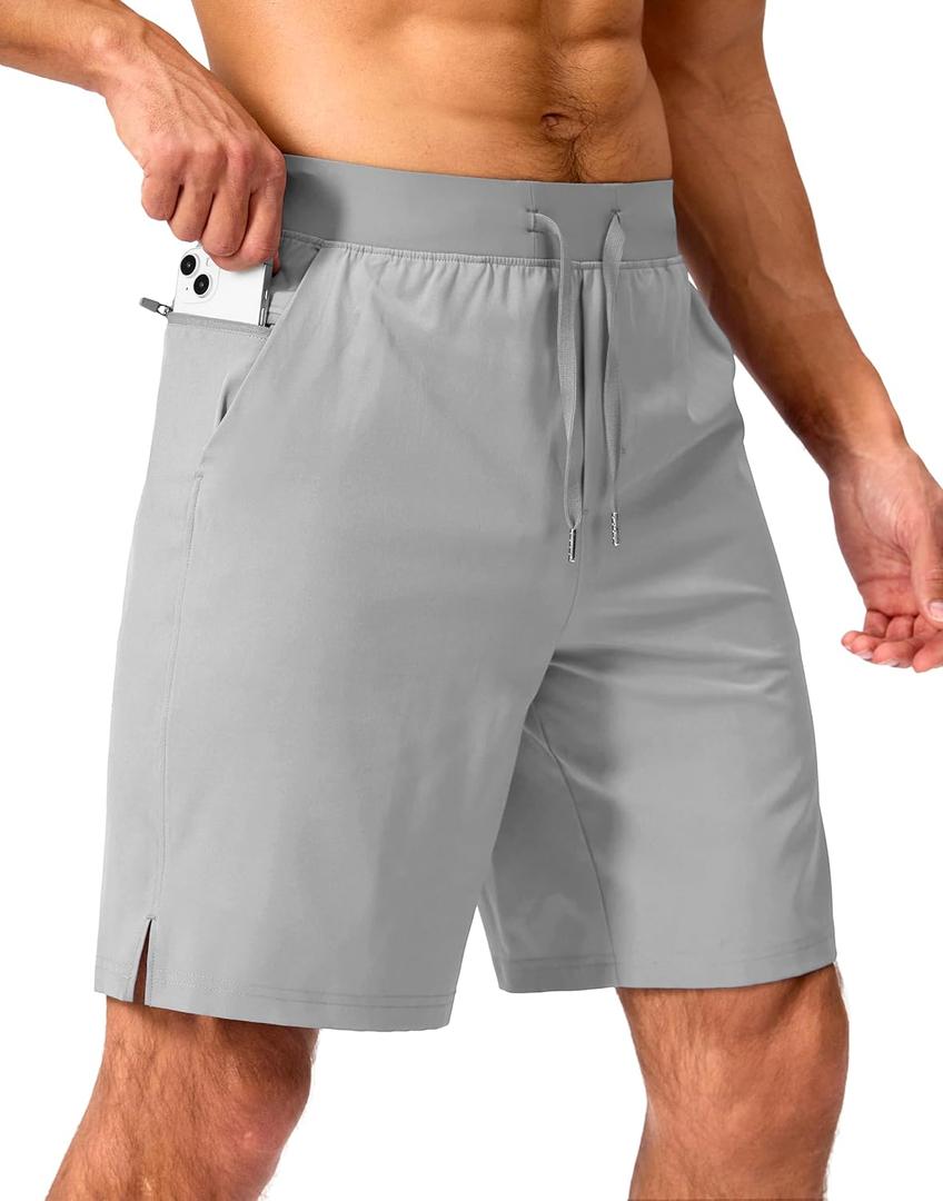 Soothfeel Men's Running Shorts with Zipper Pockets 9 Inch Lightweight Quick Dry Gym Sports Athletic Workout Basketball Shorts for Men (Light Grey, M)