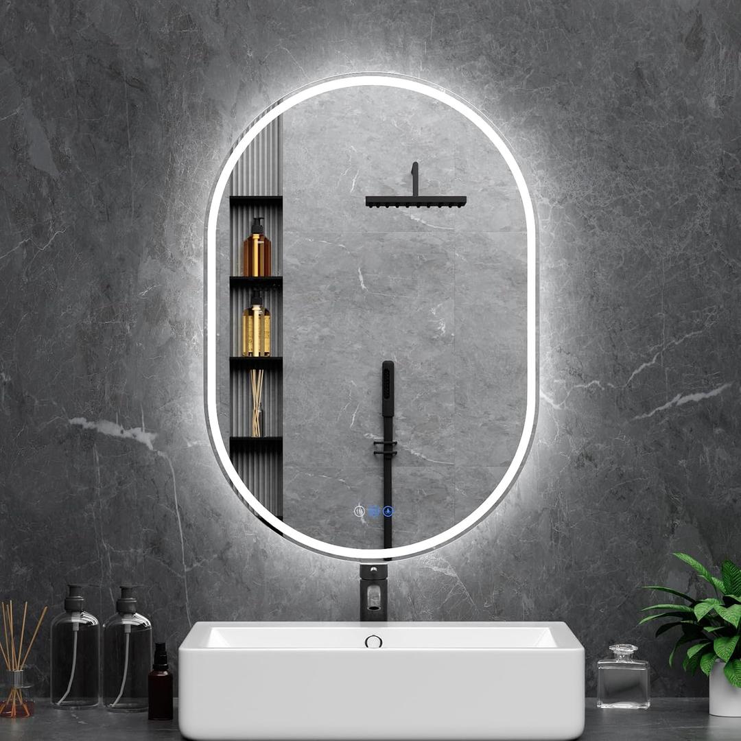 Oval LED Bathroom Mirror, 26"x 38" Frameless LED Mirror with Front Light and Backlit, Anti-Fog, Dimmable Modern Wall Mounted Lighted Mirror, Pill-Shaped Smart Mirror Bathroom