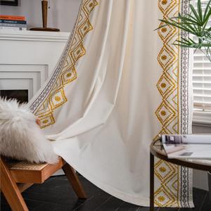 ColorBird Boho Curtains Embroidered Light filterring for Living Room,84 inch Length Set of 2 Panels Set Yellow Farmhouse Bedroom Curtain, Cotton Rod Pocket Window Drapes for Dining Living Room (Yellow and Brown Embroidery)