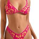 SUUKSESS Women Cheeky Thong String 2 Piece Bikini Sets Sexy High Waist Swimsuit (Medium, 79 Pink Yellow Floral)