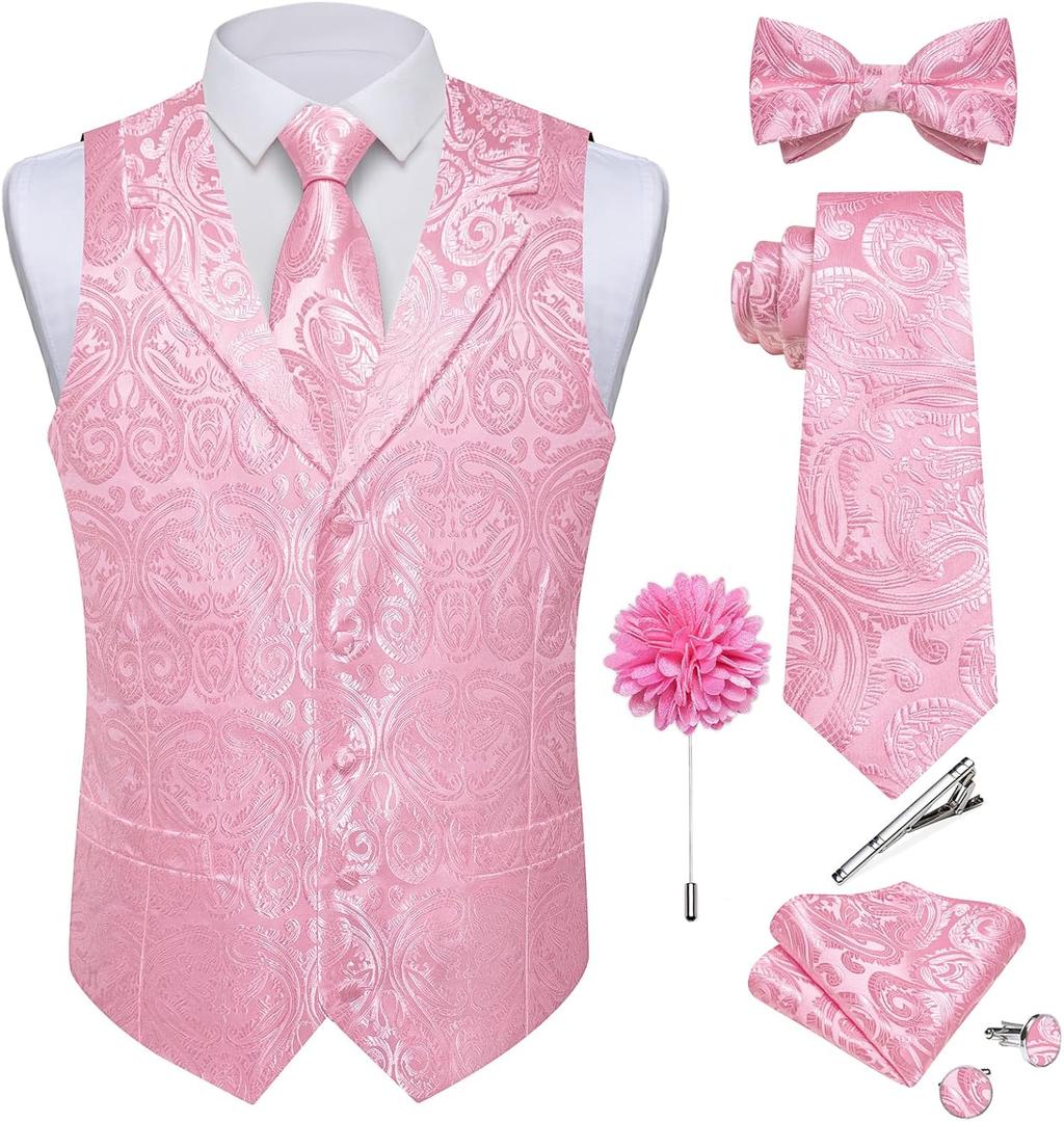 DiBanGu Mens Paisley Vest and Tie Set Silk Formal Suit Waistcoat and Bowtie Hankerchief Lapel Pin Set 8PCS for Wedding Party (X-Large)