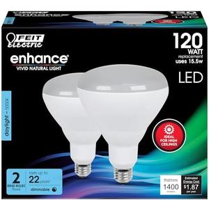 Feit Electric BR40 LED Light Bulbs, 120W Equivalent, Dimmable, E26 Medium Base, 1400 Lumens, 5000K Daylight, 90 CRI, 15.5-Watt Home Recessed Can Light Bulb, 22-Year Lifetime, BR40DMHO/950CA/2, 2 Pack, Bright White