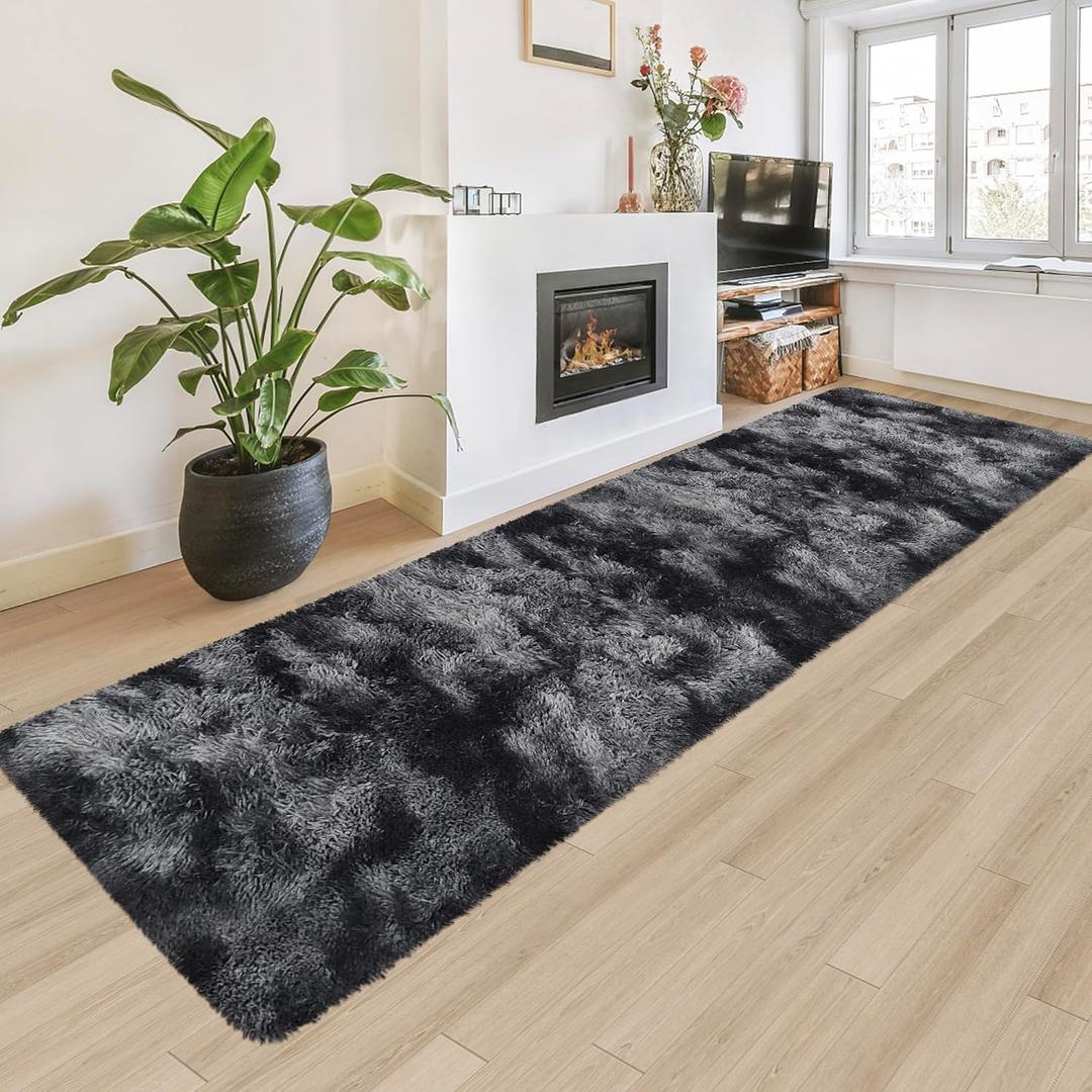 Tie-Dyed Runner Rug for Bedroom Black Grey 2x8ft Fluffy Area Rug Bedside Runner Rug for Kids Room Boys Teens Nursery Baby Living Room Dorm Home Decor Carpets