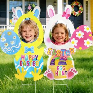 Easter Face Yard Signs with H-Stakes, Large Easter Bunny & Chick Outdoor Lawn Decorations for Yard Photography Egg Hunt Sign Waterproof Photo Props