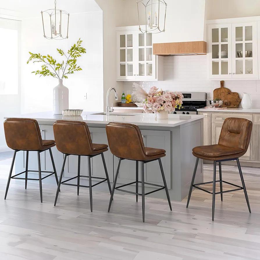 26 Inch Bar Stools Set of 4, Double-Layer Upholstered Counter Height Bar Stools for Kitchen Island, Dark Brown