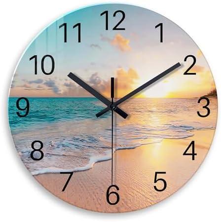 Constantplanet Blue Wall Clock Silent Glass Beach Wall Clock for Living Room Large Wall Clocks Battery Operated 20 Inch