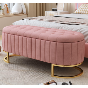 Pink Velvet Storage Ottoman with Button Tufting, Metal Legs 