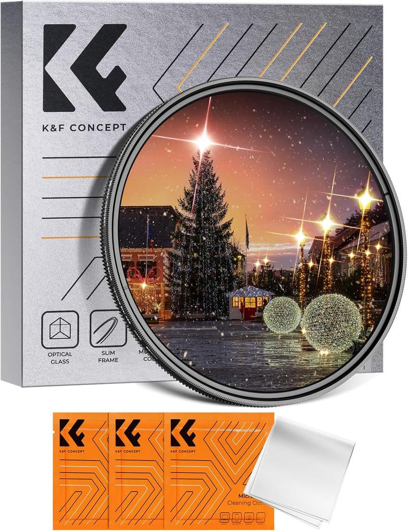 K&F Concept 77mm Variable Star Filter Cross Screen Starburst Filter 4, 8 Points -18 Layer Coating Ultra Slim Optical Glas Camera Lens Filter with 3 Cleaning Cloth
