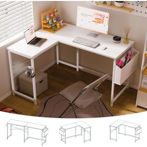 Pamray 47 Inch Reversible L Shaped Gaming Desk Corner Computer Desk with Storage Bag Home Office Table for Writing Study White