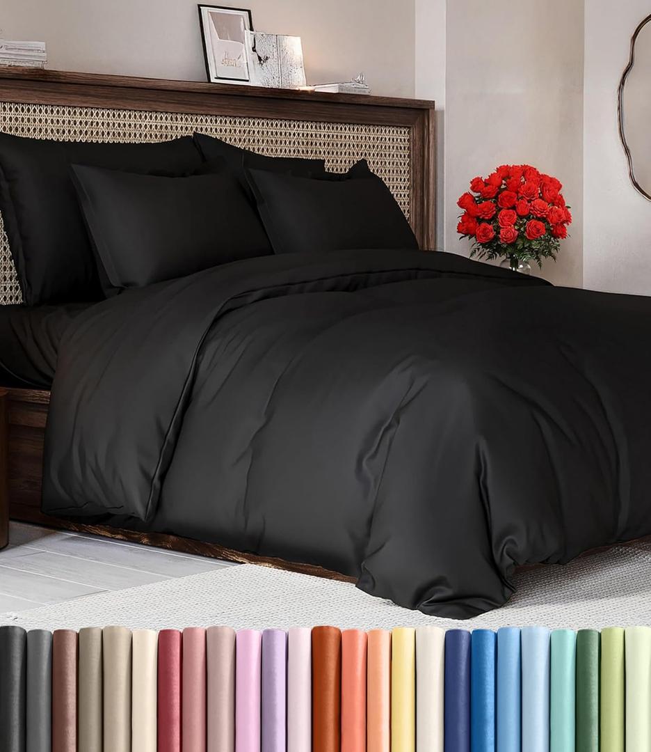 Duvet Cover Queen Size Set - Extra Soft Queen Duvet Cover 90" x 90" with 2 Pillow Shams - Hotel Luxury, Easy Care and Fade Free w/ Zipper Closures & Ties - All Season, Comfy, Cozy & Breathable (Black)