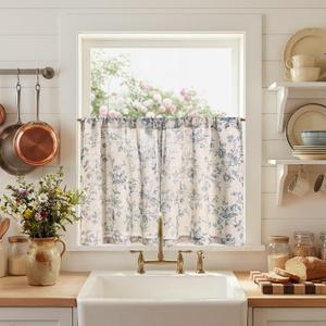 jinchan Amlie Floral Kitchen Curtains 30 Inch Length Linen Cafe Curtains Small Window Drapes Light Filtering Botanical Farmhouse for Bedroom Bathroom Rod Pocket 2 Panels Blue on Linen