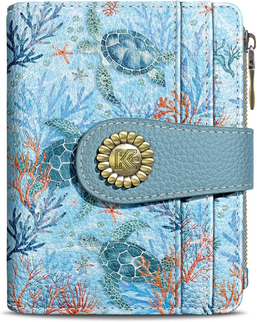 Kelvoris Sea Turtle Small Rfid Women Wallet Bifold Zipper Coin Pocket PU Leather Compact Cash Credit Card Holder Travel Wallet for Female Ladies Teen Girls 1 ID Window 10 Card Slots