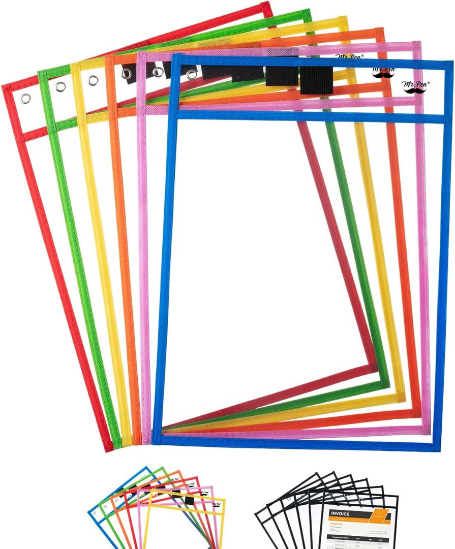 Mr. Pen- Dry Erase Pocket Sleeves, 10 x 14 Inch, 6 Pack, Colorful, Plastic,Reusable, Clear, Classroom Sleeves (Bright Colors)