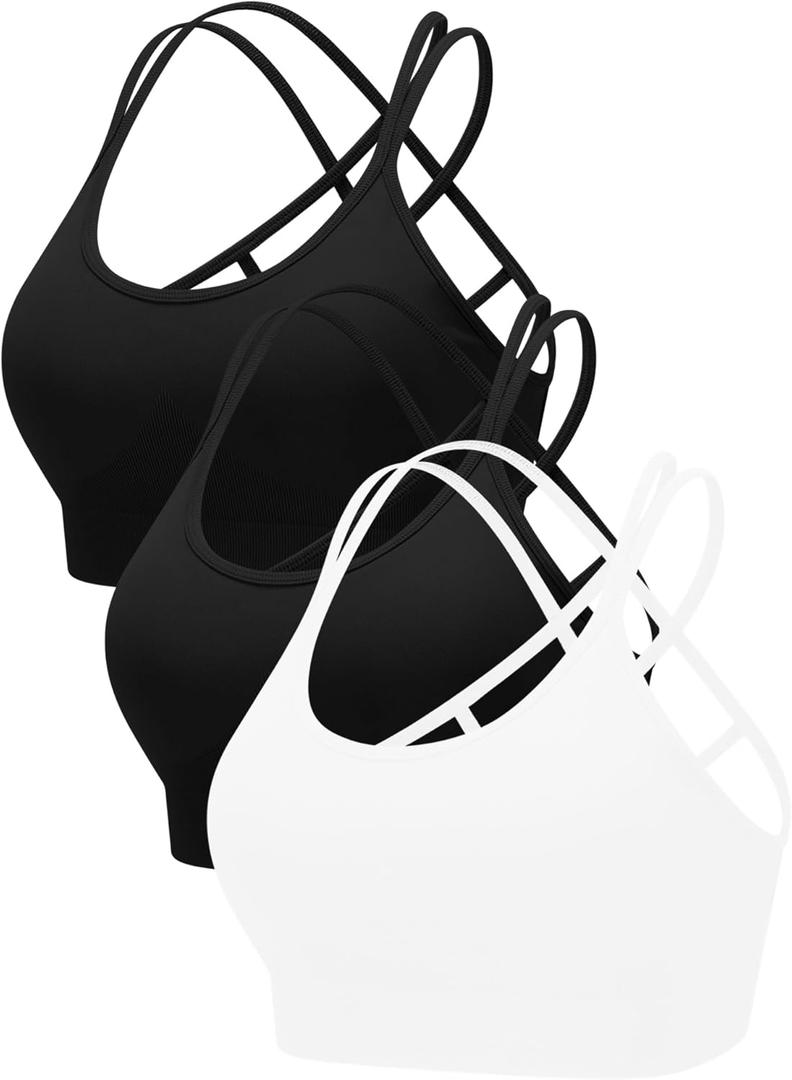 RUNNING GIRL Sports Bras for Women Pack Criss Cross Back Sexy Strappy Sports Bra Seamless Padded Yoga Bra with Removable Cups (Small, 3pack Black/Black/White)