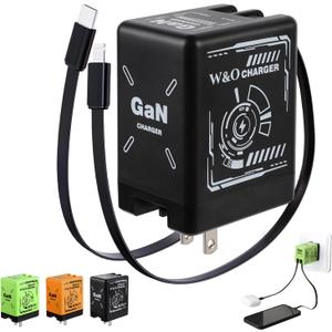 W&O 2-in-1 GaN Compatible with Fast Charger, GaN Charger Fast Charging, Retractable Phone Chargers Wall Plug with Lightning and Type-C Cables, Foldable Chargers for iPhone&Most Android, Black