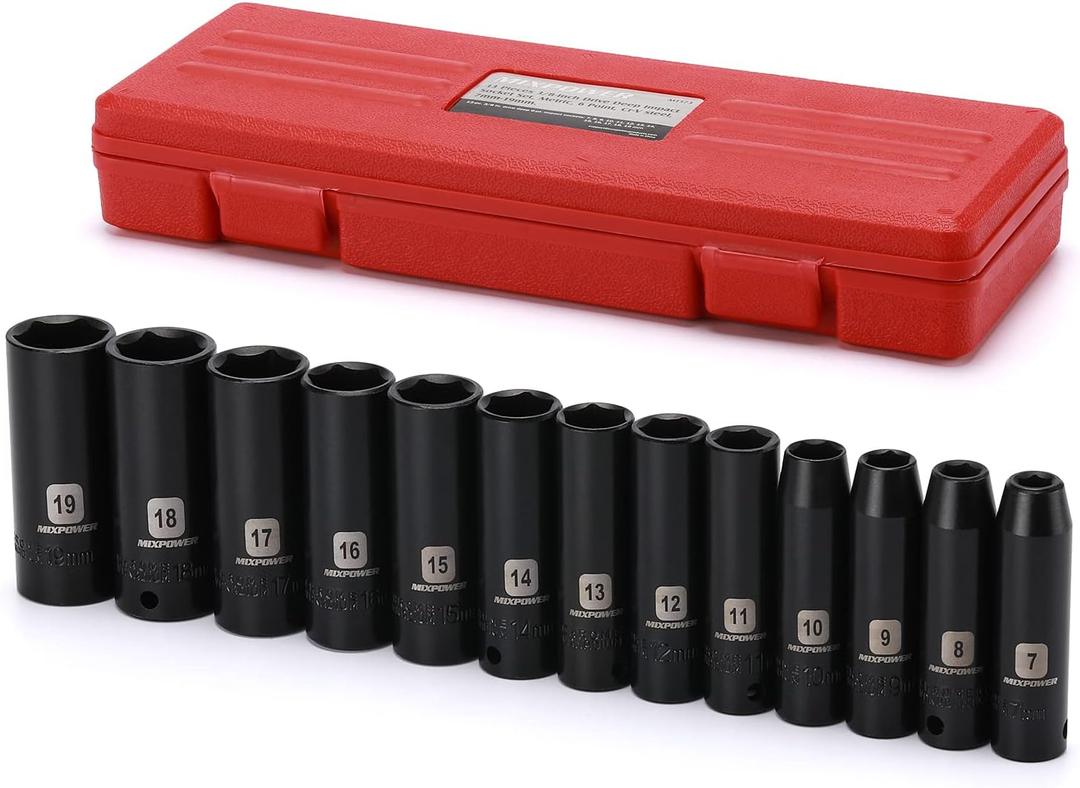 Mixpower 13 Pieces 3/8 inch Drive Deep Impact Socket Set, Metric, 6 Point, Cr-V steel, 7mm-19mm