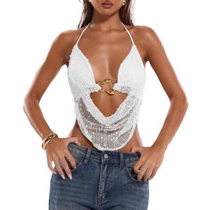 Women's Crochet Halter Crop Tank Top Open Back Tie Metal Ring Rave Sexy Y2K Going Out Tops for Women Party Club (White, S)