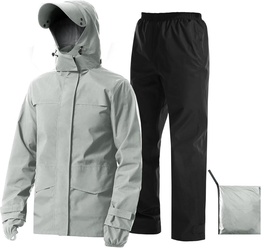 iCreek Rain Suit Waterproof Jacket with Pants 2 Pieces Breathable Lightweight Packable Raincoat with Hooded Rain Gear Unisex (Large)