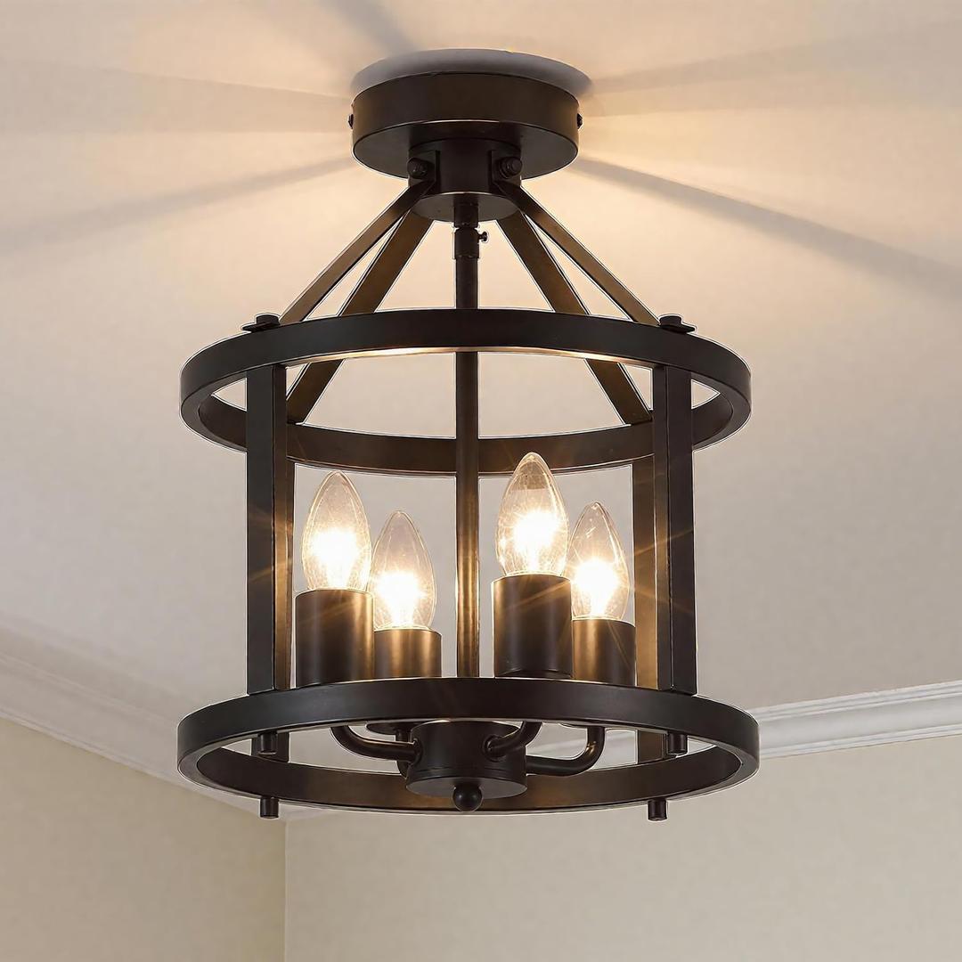 Black Flush Mount Ceiling Light Fixture, 4-Light Farmhouse Semi Flush Mount Ceiling Light, Industrial Metal Chandelier Ceiling Lamp for Dining Room Hallway Entryway Kitchen, E26 Socket