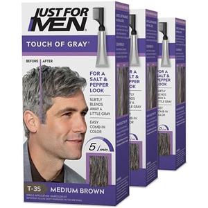 Just For Men Touch of Gray, Mens Hair Color Kit with Comb Applicator for Easy Application, Great for a Salt and Pepper Look - Medium Brown, T-35, Pack of 3