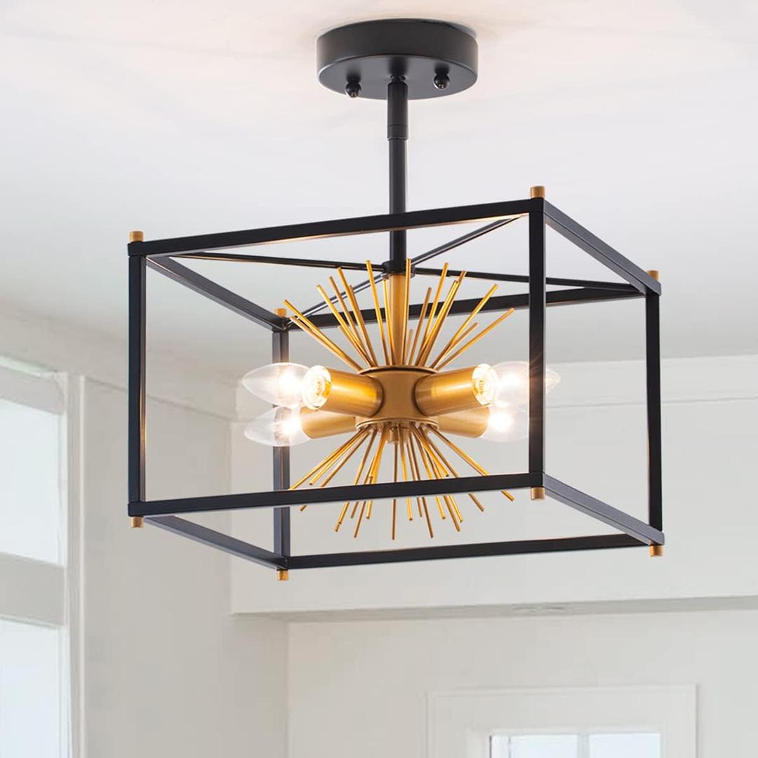 VILUXY Black and Gold Semi-Flush Mount Ceiling Light Fixture Mid-Century Sputnik Modern Ceiling Chandelier Square for Bedroom Entryway Hallway 4-Light