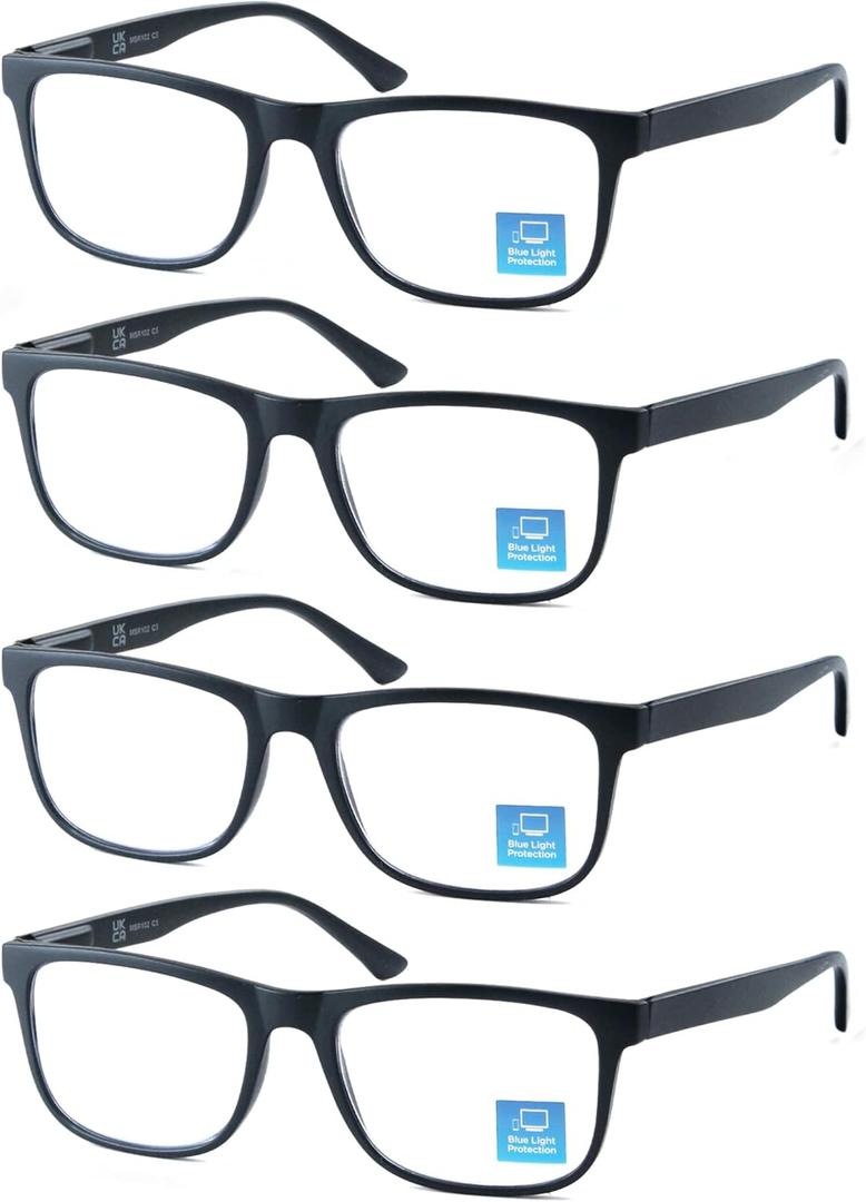 Blue Light Blocking Reading Glasses Men Large Oversized Square Readers Wide fit Cheaters for Men W/Big Head/Large Face (4 Pairs of Matte Black Reading Glasses)