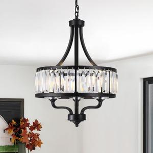 15.75 " Modern Black Crystal Chandelier,3-Light Farmhouse Dining Room Light Fixture Over Table Adjustable Height Hanging Industrial Pendant Lights Kitchen Island,Living Room Kitchen Island Entryway 
