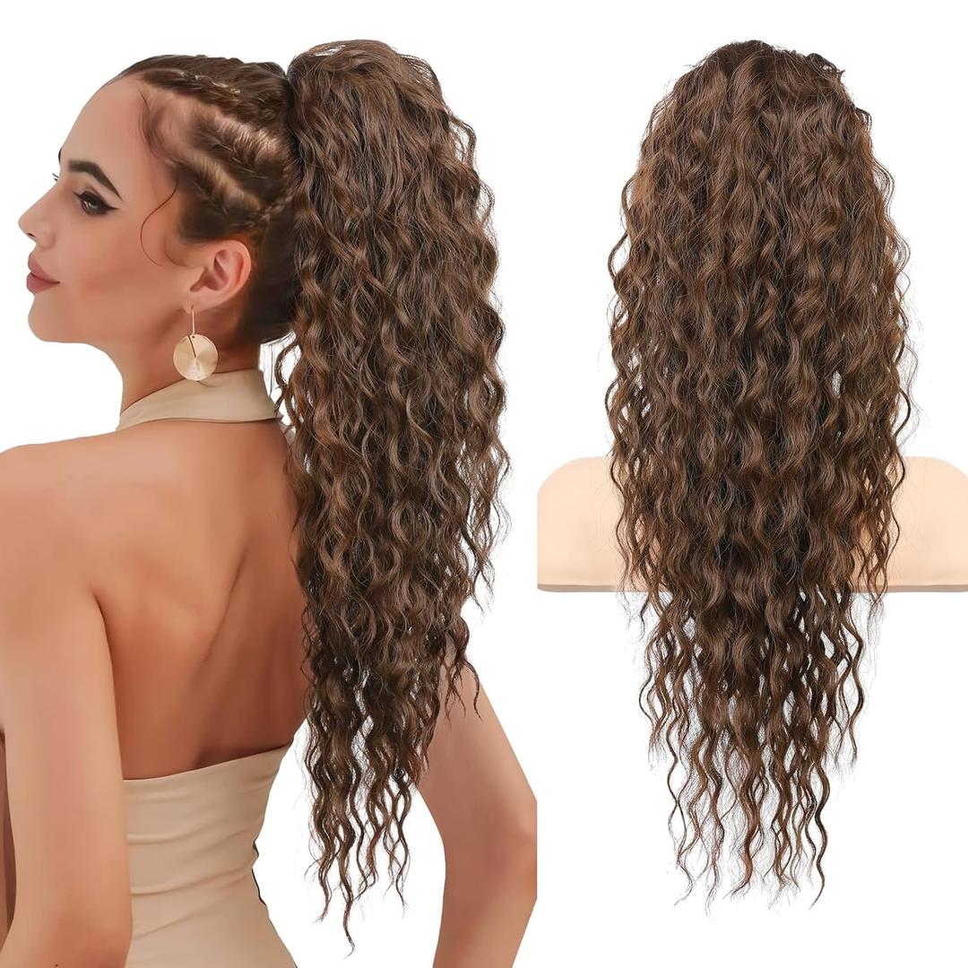 Flufymooz Ponytail Extension, 26 Inch Bohemian Style Drawstring Ponytail Hair Extensions for Women, Long Curly Wavy Pony Tail Natural Synthetic Hairpiece for Women (Medium Chocolate Brown)