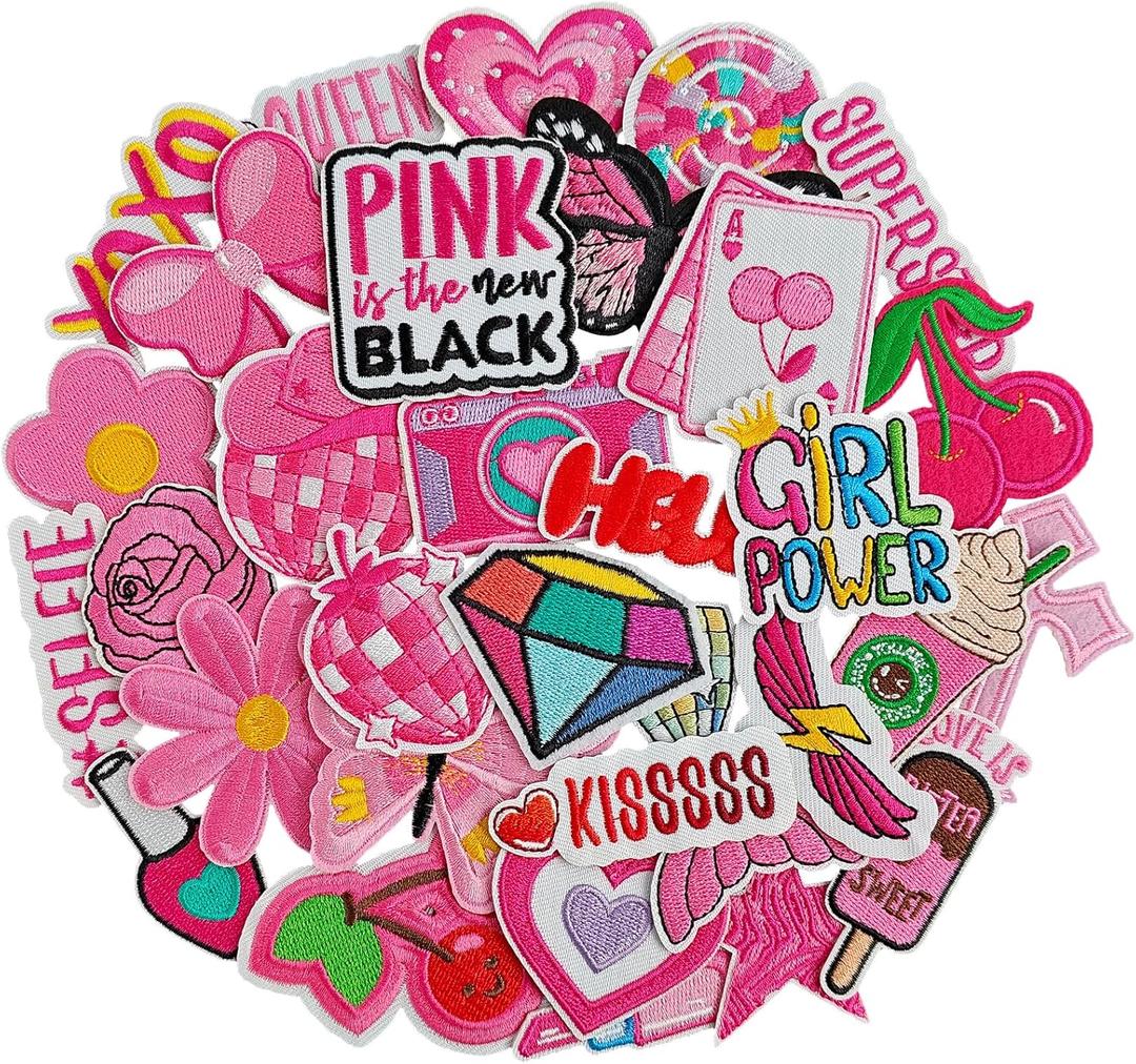 32Pcs Iron on Patches for Women, Embroidered Pink Iron on/Sew on Patches for Clothes, Hats, Jeans, Jacket