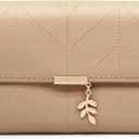 Women's Bifold Vegan Leather Wallet RFID Blocking with Leaf Pendant, Compact Card Holder Organizer, Zipper Coin Pocket, ID Window, Multi Card Slots (taupe)