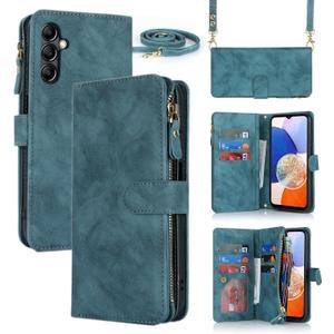 iCoverCase for Samsung Galaxy A14 5G Wallet Case with Card Holder for Women, Crossbody Lanyard Strap Kickstand PU Leather Case with Zipper Pocket Credit Card Slots Cover (Blue)