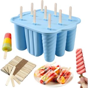 9 Cavity Popsicles Molds with 50pcs Wooden Sticks, Silicone Popsicle Mold, BPA Free Popsicle Maker Molds, Reusable Homemade Ice Pop Mold, Easy-Release Ice Cream Mold for Kids Adult DIY Ice PopsBlue