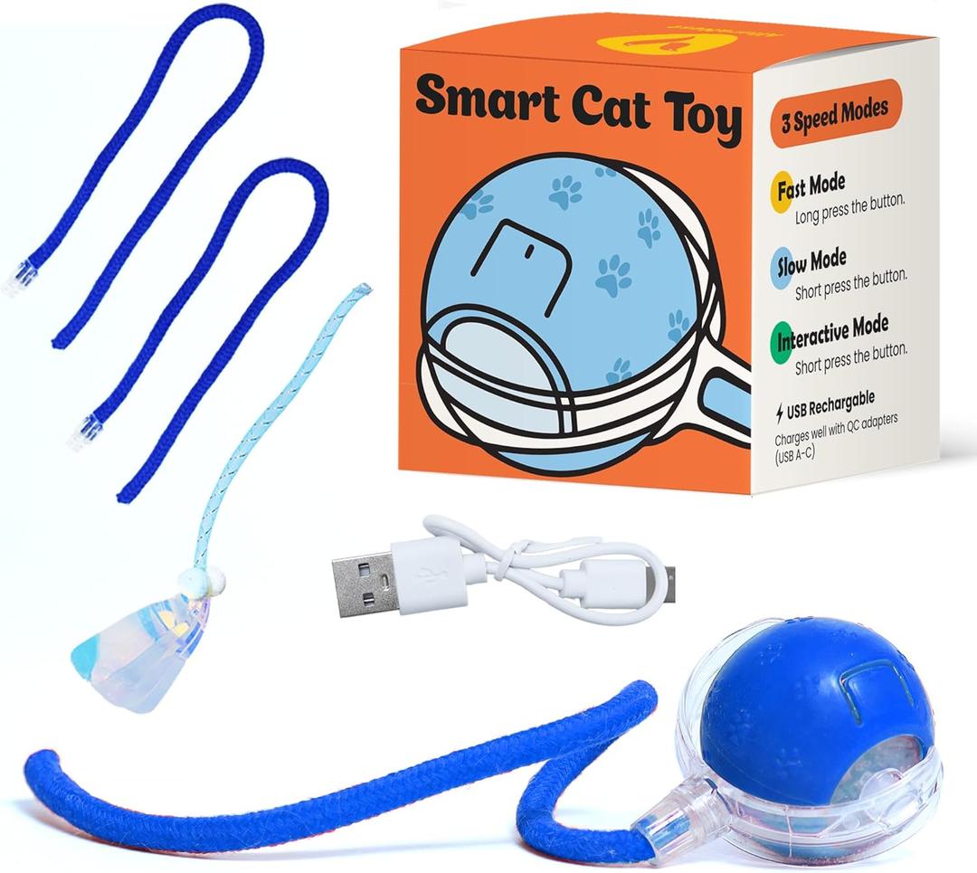Interactive Cat Toys for Indoor Cats with Feather, Rechargeable Automatic Cat Toy Keeps Your Cat Active & Engaged, Durable & Safe Speedy Tail 2.0 Cat Toy (Blue)