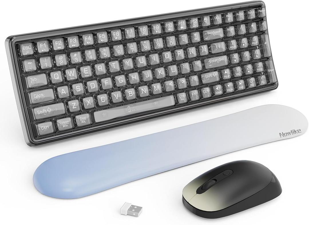 Wireless Transparent Keyboard and Mouse Combo with Soft Wrist Rest, Nowlike Ergonomic Full-Size with Clear Keycaps, Compatible with Windows and PC, Perfect for Home and Office.Black