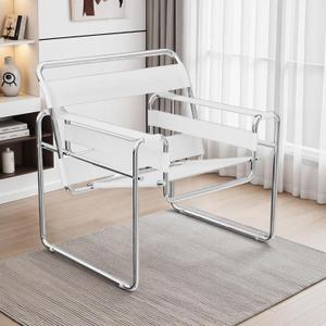 FULOL Saddle Leather Armchair, Mid-Century Modern Accent Chair, Studio Chair, Stainless Steel Frame for Living Room Bedroom Office Studio, White