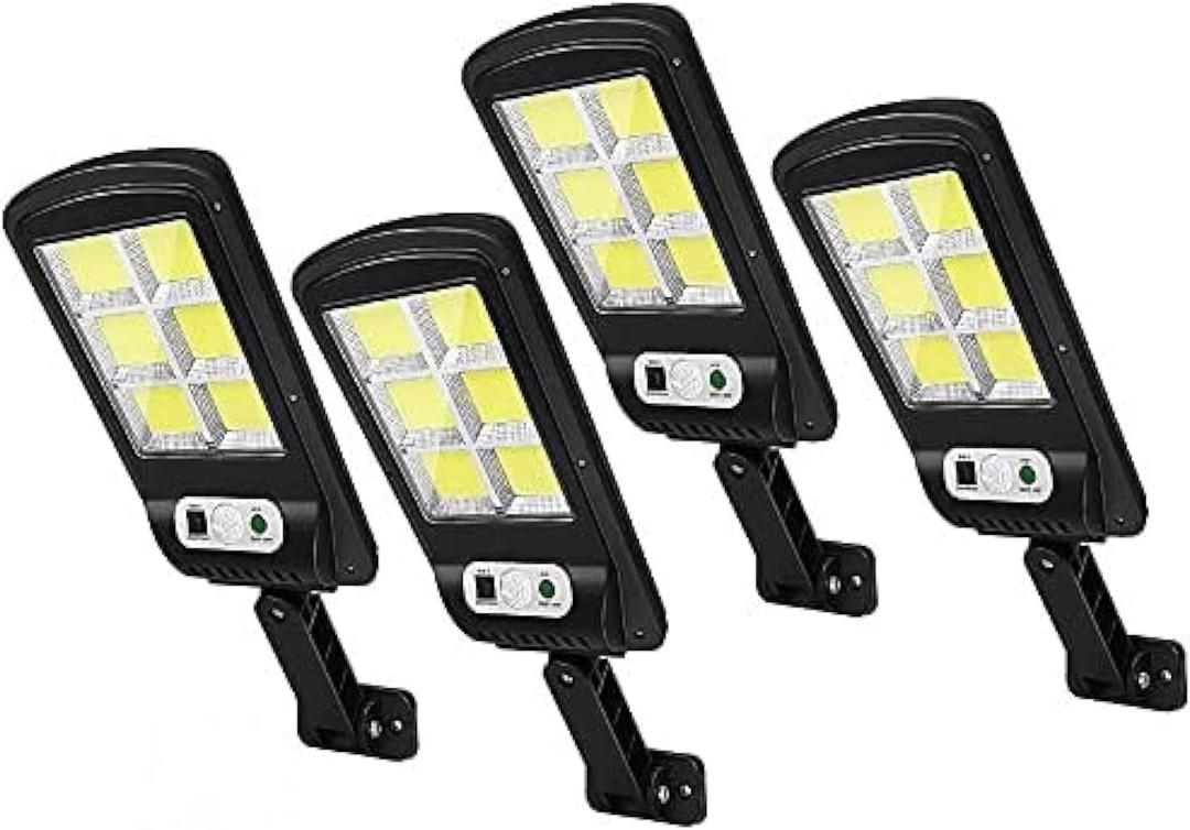 Led Solar Street Lights Outdoor, 4 Pack 120 Led Remote Control Wireless Ip65 Motion Sensor Security Wall Light with 3 Modes for Garden, Street, Deck, Yard, Garage, Patio (Black)