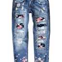 EVALESS Ripped Jeans for Women Fashion Jeans for Women Tummy Control Patchwork Cute Trendy Casual Rainbow Flower Print Distressed Denim Pants with Hole Sky Blue XX-Large