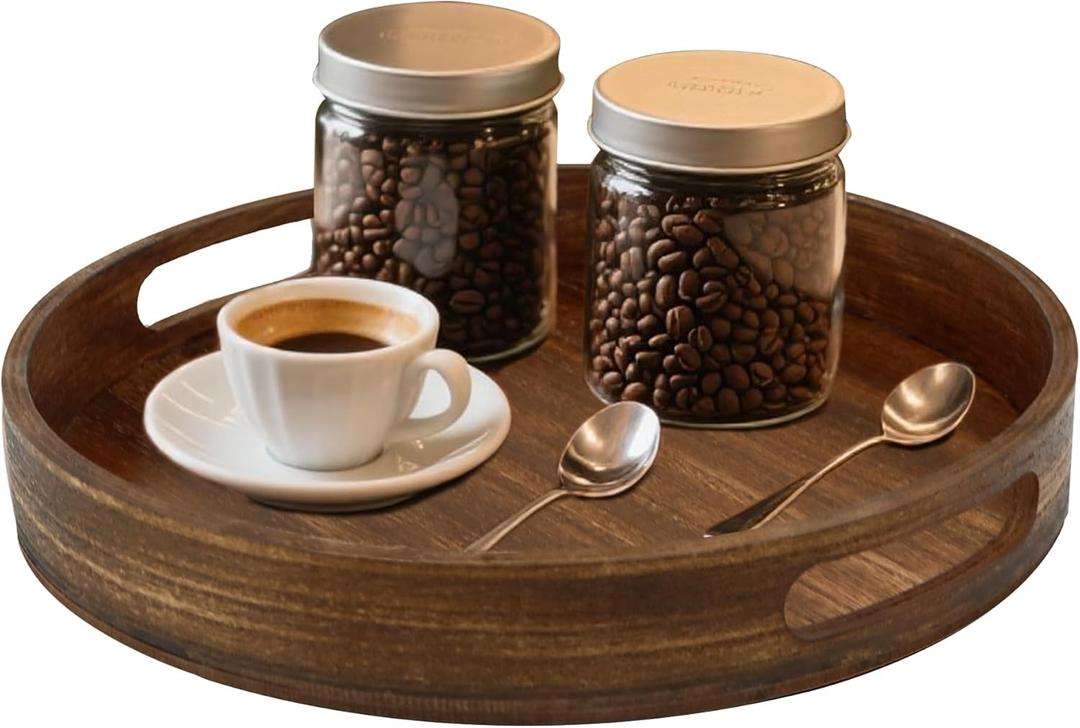Round Decorative Tray,Wooden Serving Tray with Handles, 11.8in Vintage Brown Decorative Trays for Coffee Table,Kitchen Counter,Bandejas Decorativas