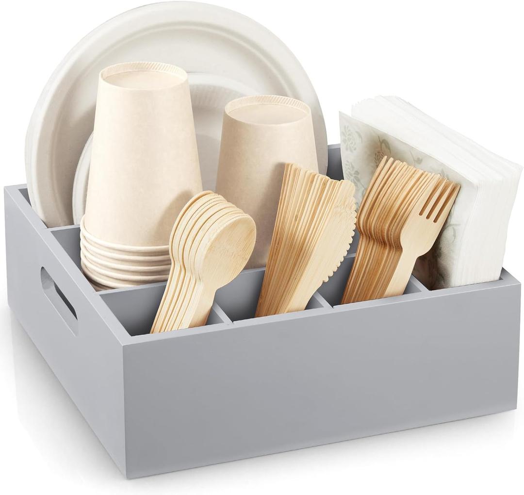 Wood Utensil Holder for Party, 6-Compartment Paper Plate Organizer with Handles, Wooden Silverware Caddy for Picnic, Camping, BBQ, Buffet, and Kitchen Countertop Organization, Gray