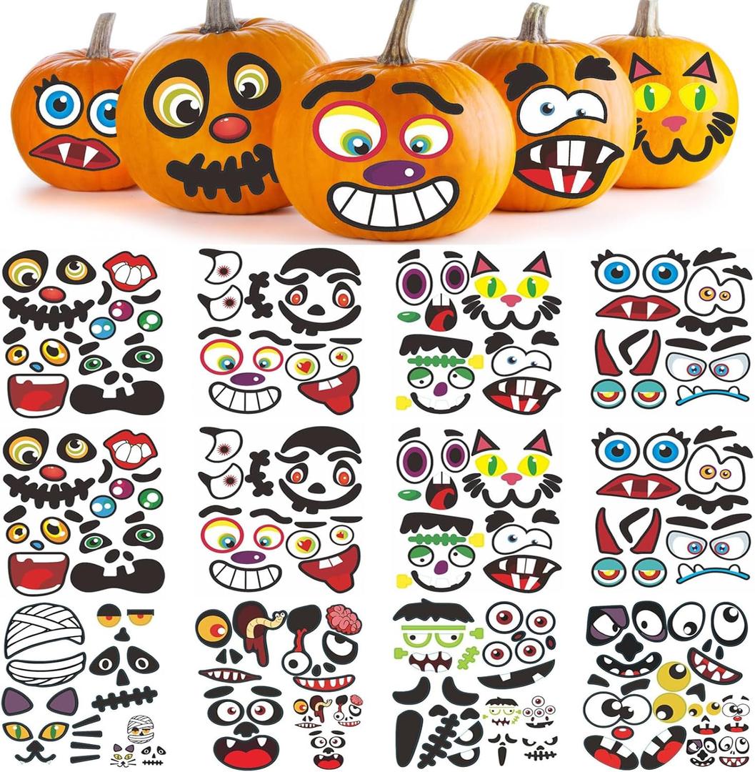 Halloween Pumpkin Stickers, Make 60 Faces Pumpkin Decorating Stickers with 12 Sticker Sheets Jack O Lantern Stickers