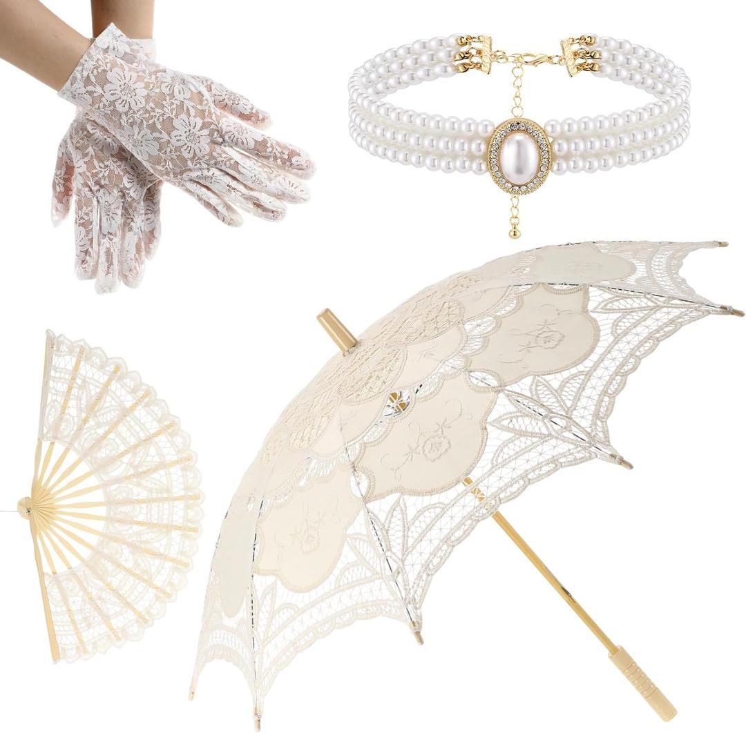 4 Pcs 32'' White Vintage Lace Parasol Umbrella Handheld Folding Fan Set Rhinestones Pearls Necklace Lace Gloves Set for Women Bride Wedding Tea Party Halloween Costume