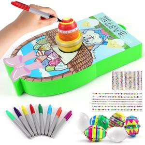 Easter Egg Decorating Kit - Coloring Painting Arts Crafts Set for Kid,Prize Gift Party Favor,Dye Toys,Includes Bunny Theme Spinner Decorator Machine,8 Colors Quick Drying Markers,6 White Wooden Eggs