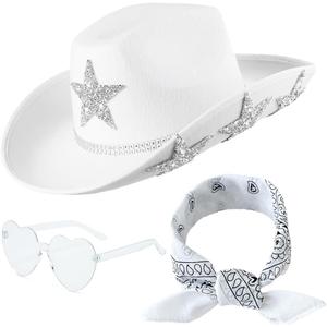 Cowgirl Hat for Women Men Sequin Rhinestone Western Adults Cowboy Hat with Sunglasses Bandanas