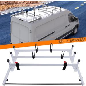 MELIPRON Van Ladder Roof Rack Fit for Ford Transit 150 250 350 Cargo Van 3 Crossbars with Rear Cargo Roller