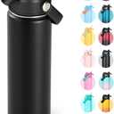 Fijinhom 24oz Insulated Stainless Steel Water Bottle, Wide Mouth Double Wall Vacuum, Silicone Straw, Sweat & Leak Proof, BPA Free Insulated Water Flask for Travel, Keep Cold 24h Hot 12h, Black