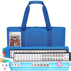 Suncle American Mahjong Tile Set,166 White Tiles Mahjong Set,4 Colors Mahjong Racks,Travel Mahjong Set with Blue Carrying Bag
