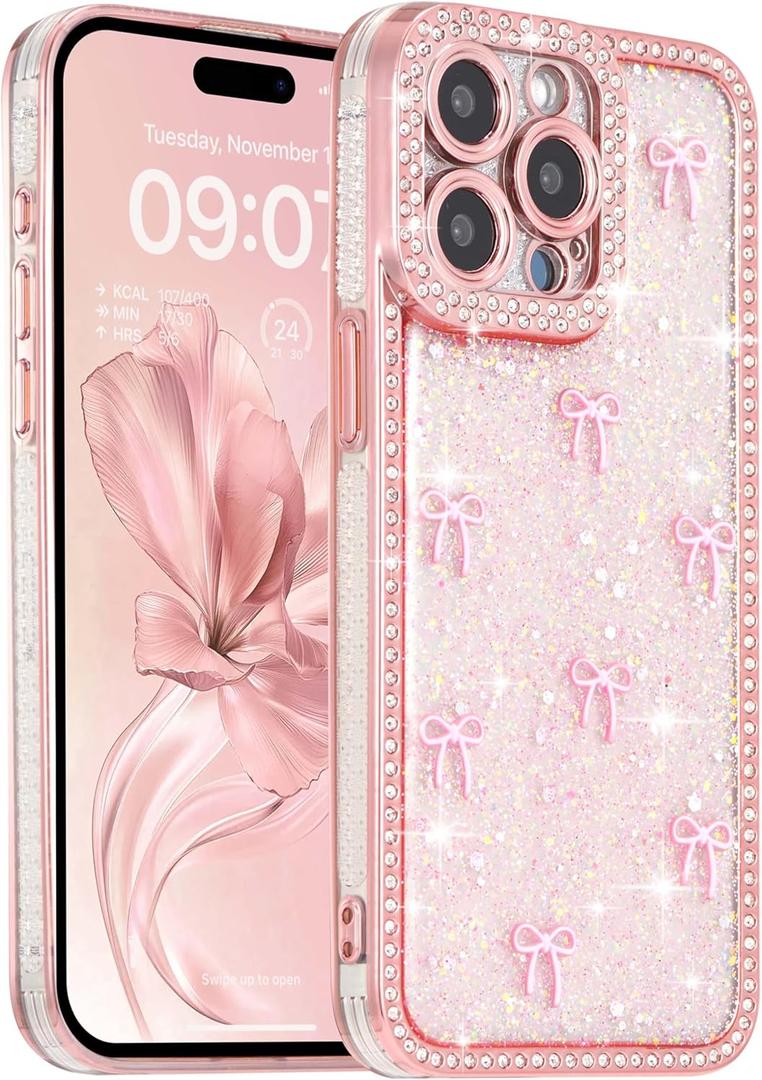 FABSPARK Case for iPhone 14 Pro Max,3D Pink Ribbon Bow,Crystal Clear Glitter Diamond Rhinestone Sequin Shiny Sparkly Bling,Aesthetic Transparent Soft for iPhone 14 Pro Max Case - Pink/Pink Bow