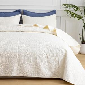 SheRest Twin Quilt Bedding Set - Soft Breathable Bed Quilt, Modern Style Embossed Bedspreads, Lightweight Microfiber Reversible Coverlet for All Seasons, Cream, 1 Quilt&1 Pillow Sham (Twin (68" x 90"))
